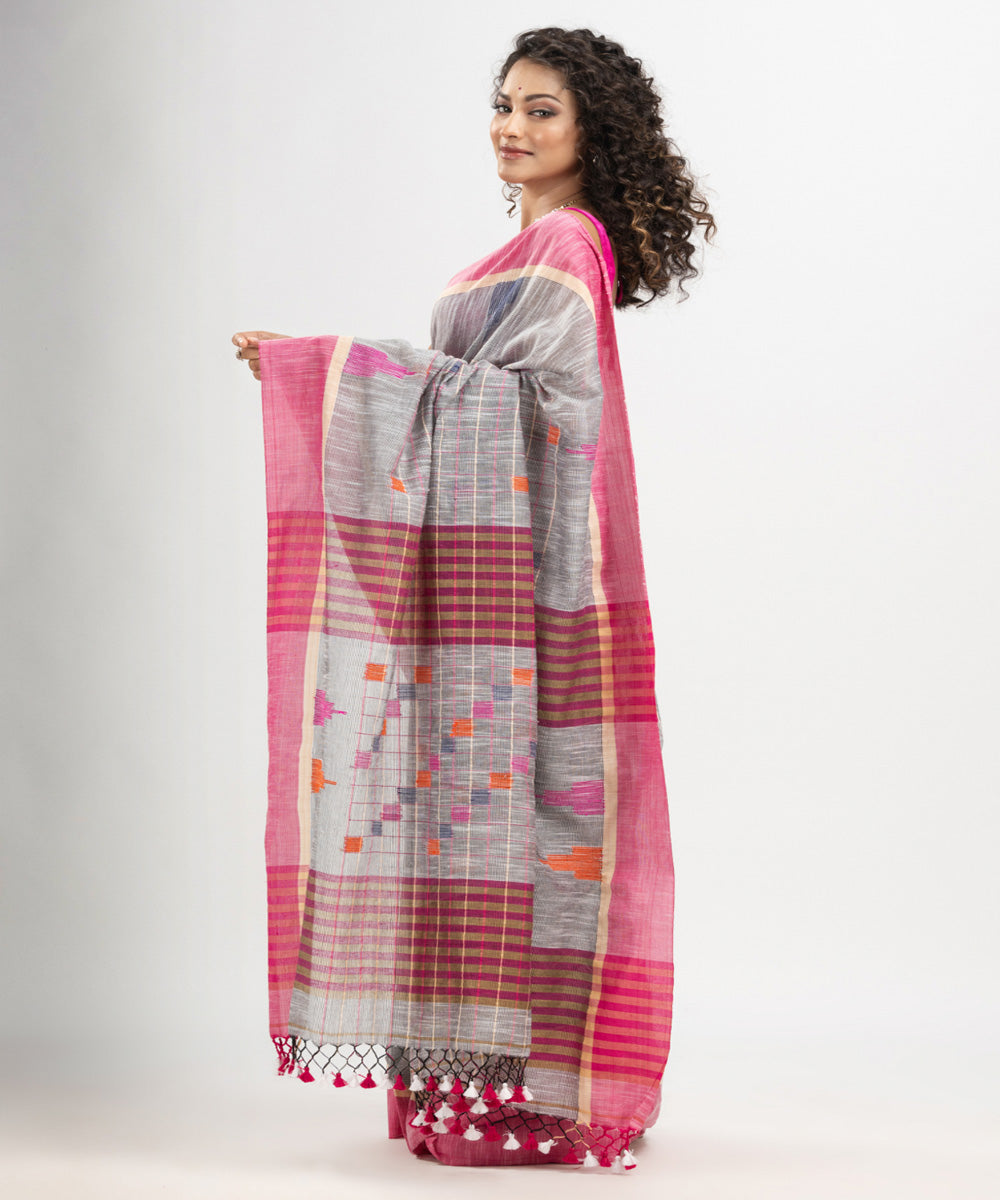 Silver pink cotton checks handloom bengal saree