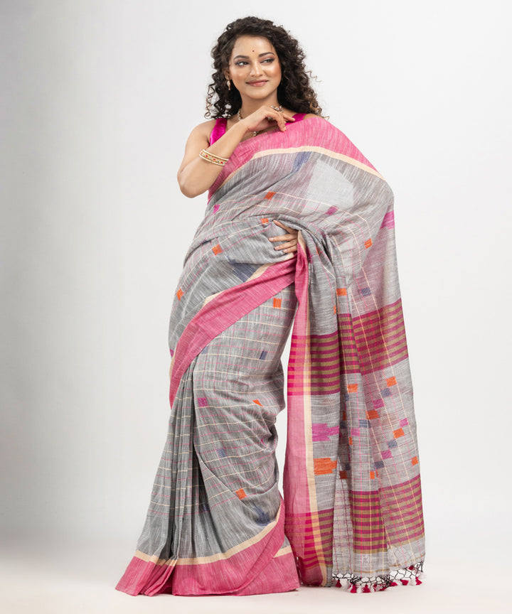 Silver pink cotton checks handloom bengal saree