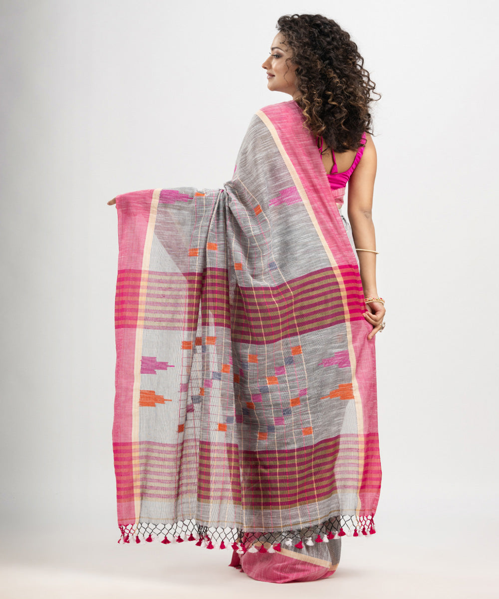 Silver pink cotton checks handloom bengal saree