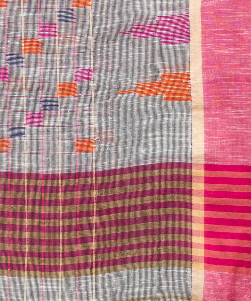 Silver pink cotton checks handloom bengal saree