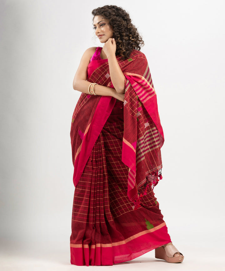 Red cotton checks handloom bengal cotton saree