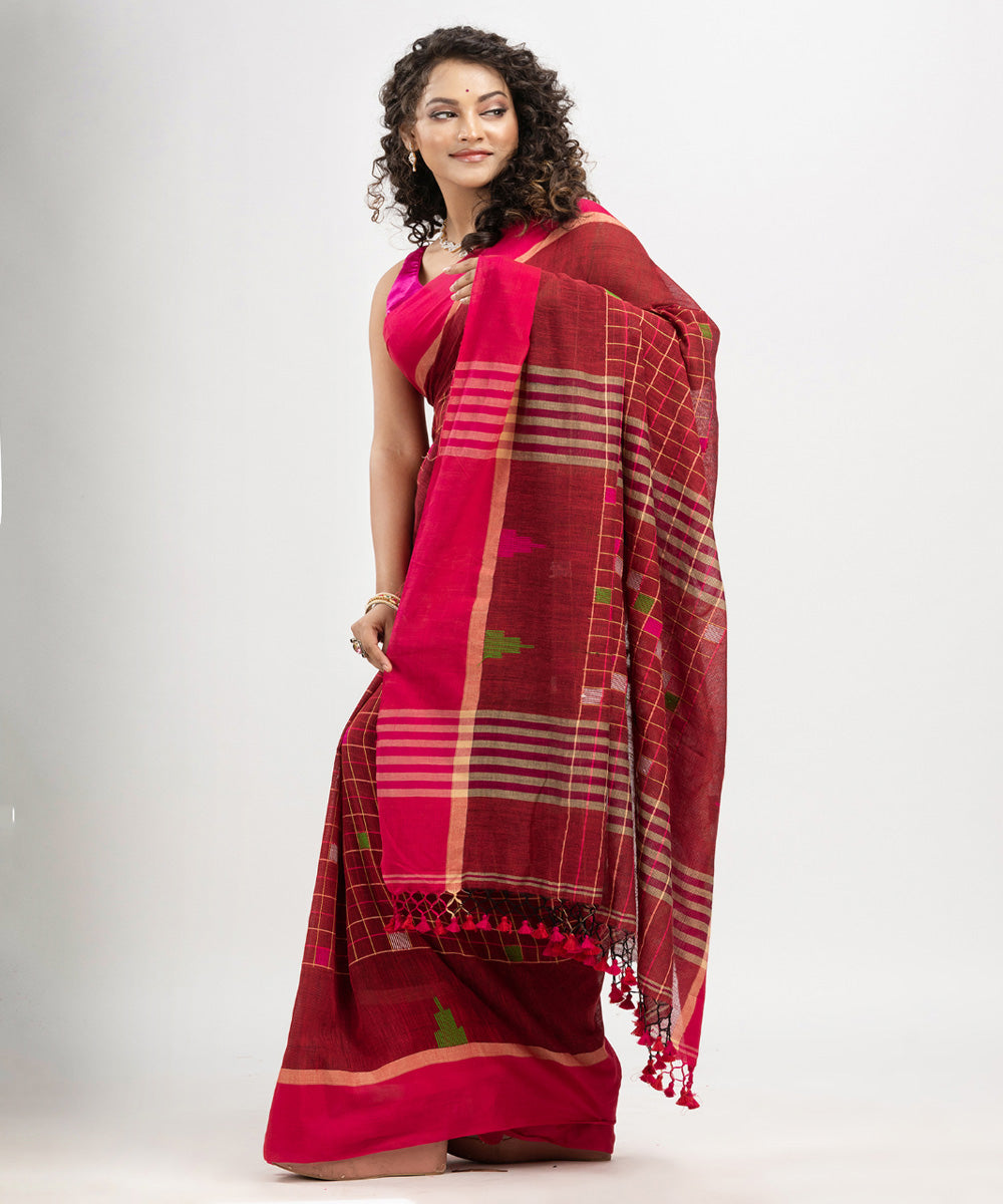 Red cotton checks handloom bengal cotton saree