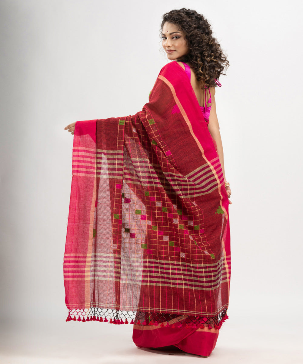 Red cotton checks handloom bengal cotton saree