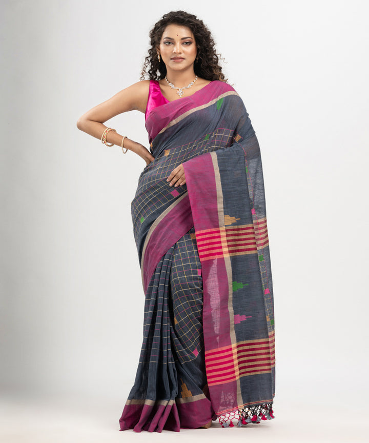 Steal grey pink cotton checks handloom bengal saree