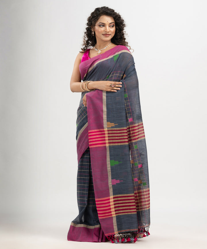 Steal grey pink cotton checks handloom bengal saree