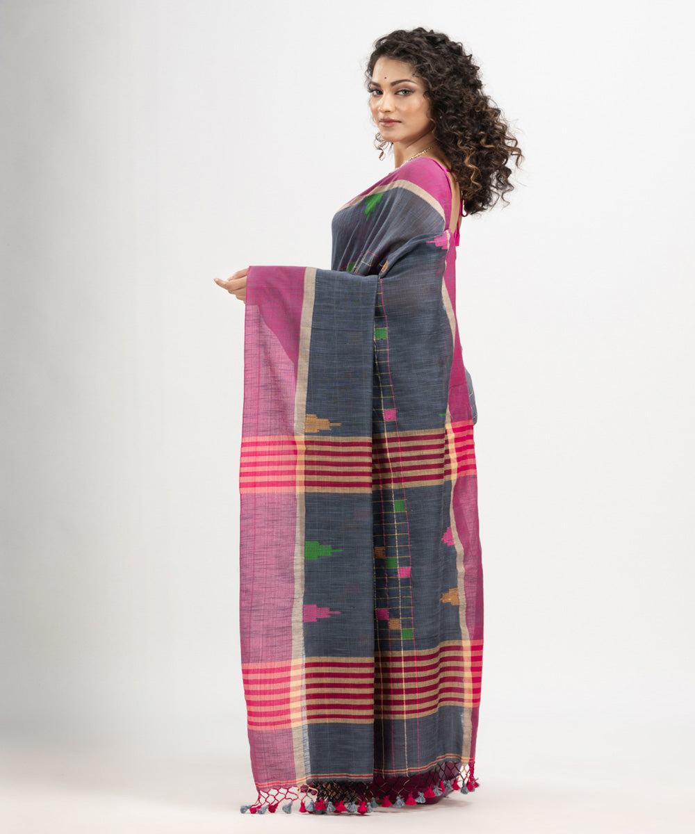 Steal grey pink cotton checks handloom bengal saree