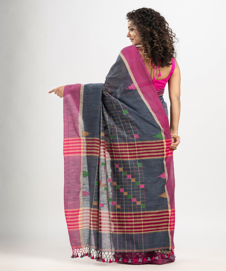 Steal grey pink cotton checks handloom bengal saree