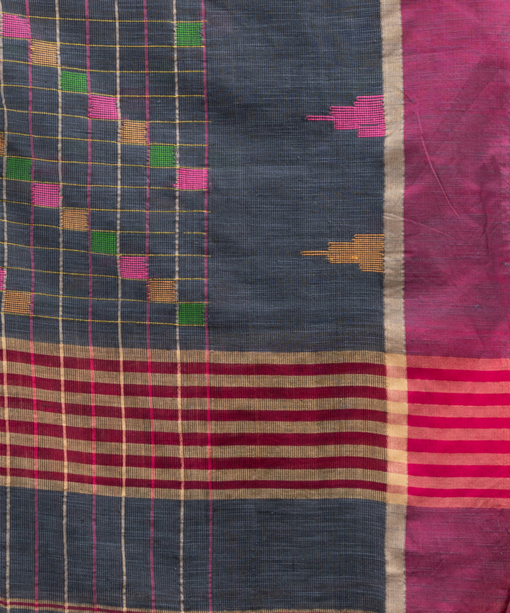 Steal grey pink cotton checks handloom bengal saree