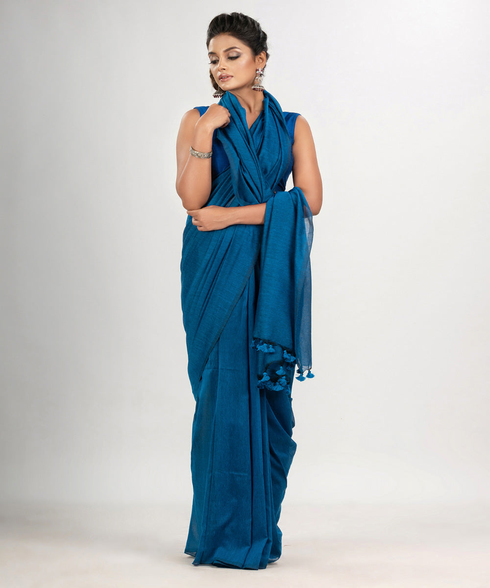 Blue cotton mulmul handloom bengal saree