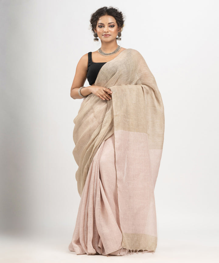 Beige light green handloom bengal linen saree