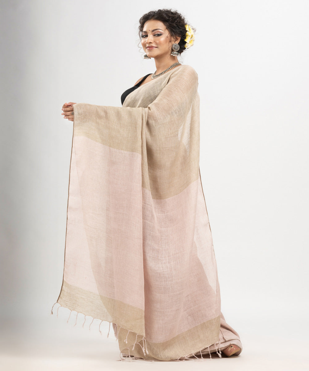 Beige light green handloom bengal linen saree