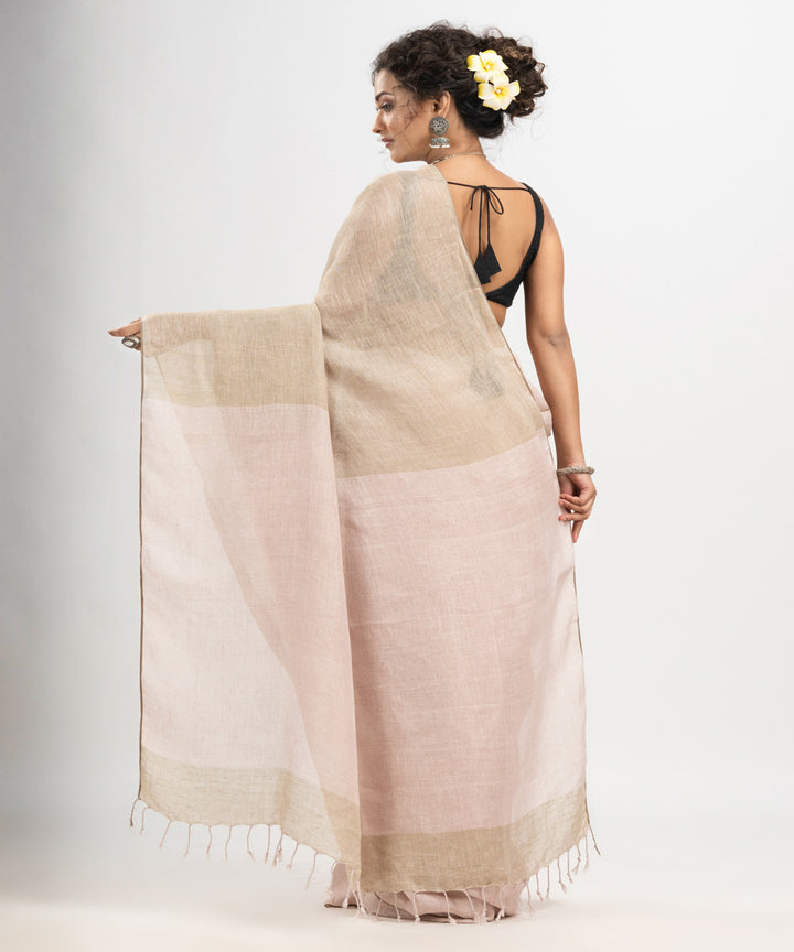 Beige light green handloom bengal linen saree