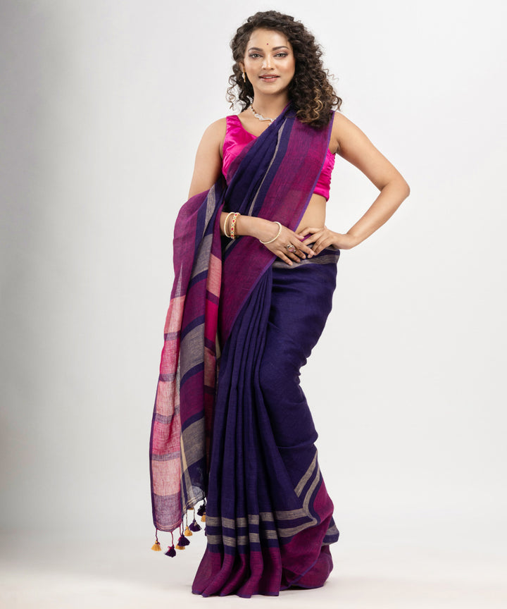 Navy blue multicolour linen handloom bengal saree