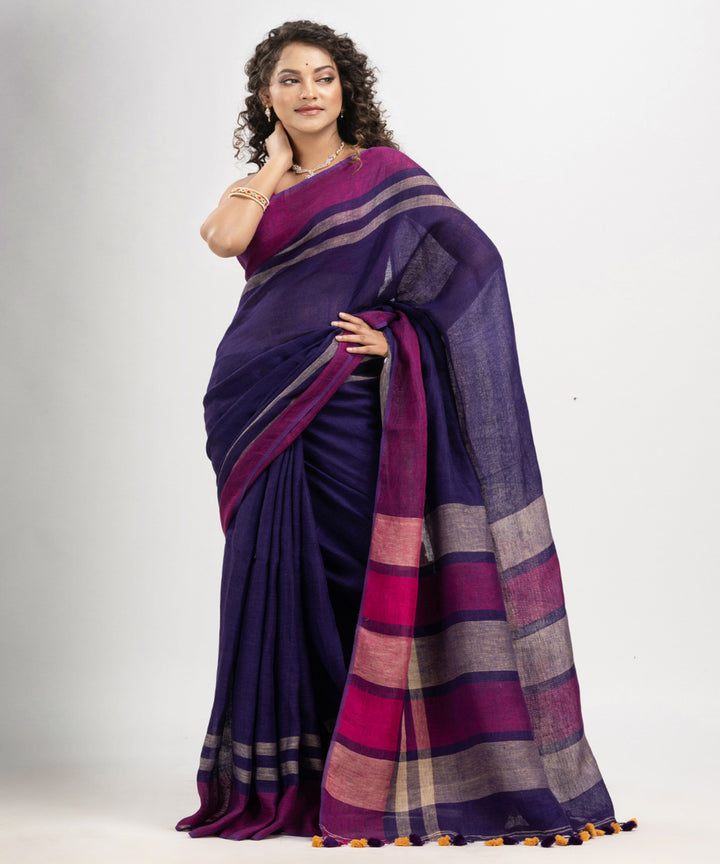 Navy blue multicolour linen handloom bengal saree