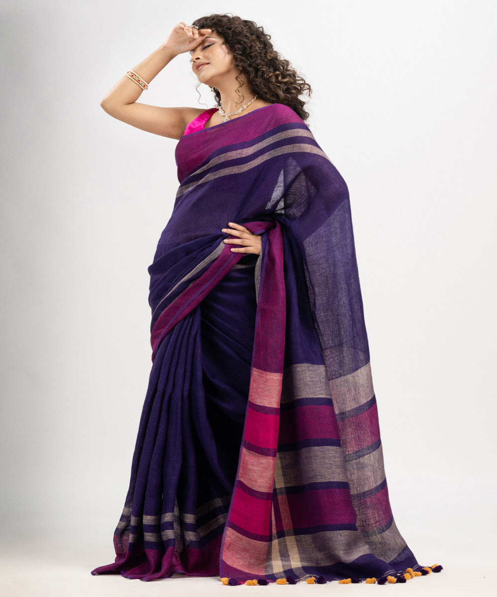 Navy blue multicolour linen handloom bengal saree