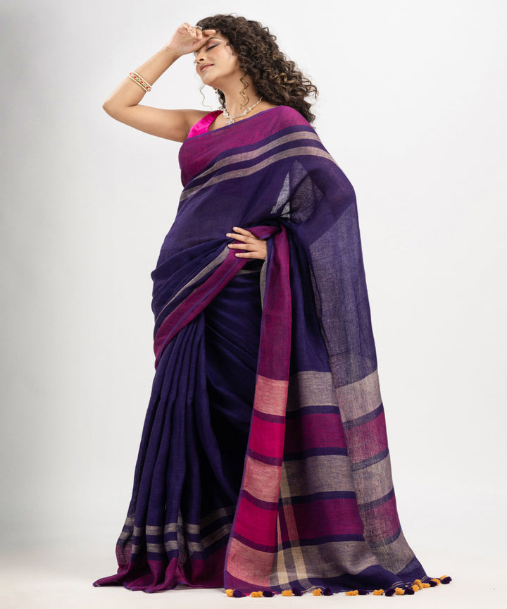 Navy blue multicolour linen handloom bengal saree