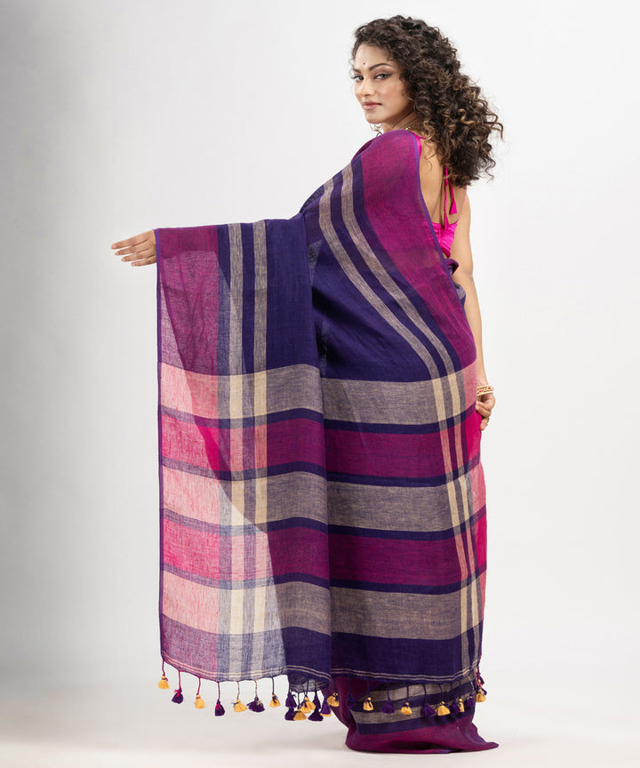 Navy blue multicolour linen handloom bengal saree