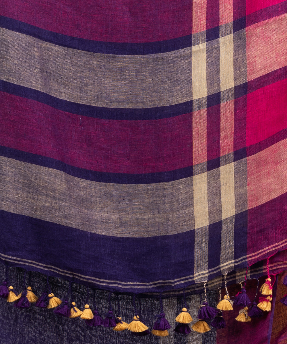 Navy blue multicolour linen handloom bengal saree