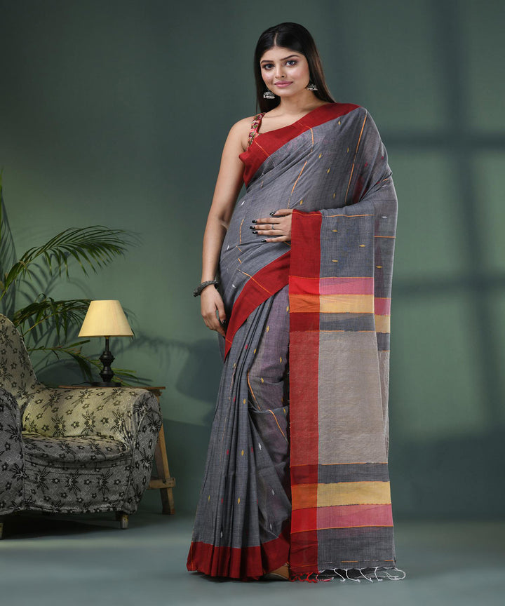Grey red handloom cotton bengal saree