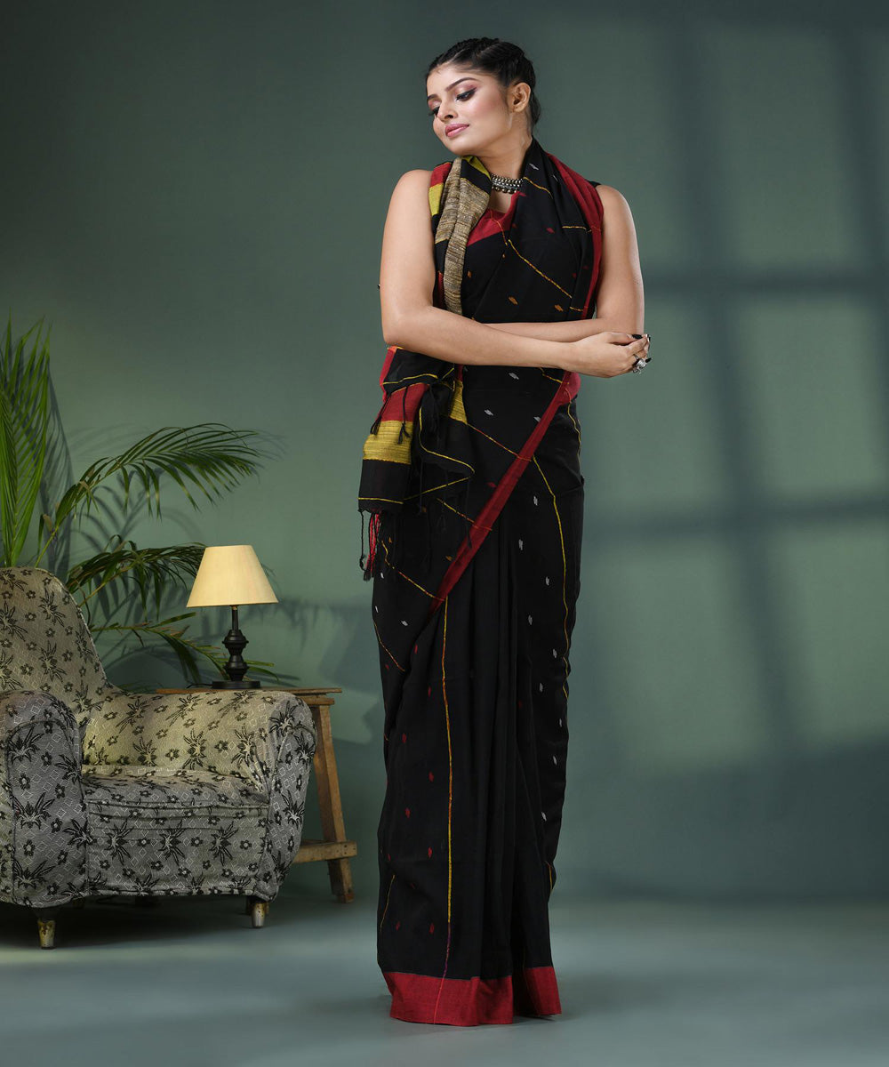 Black red bengal handloom cotton saree