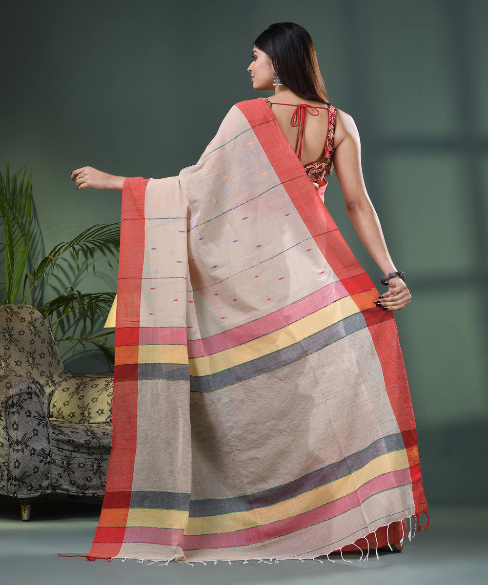 Beige red handloom bengal cotton saree