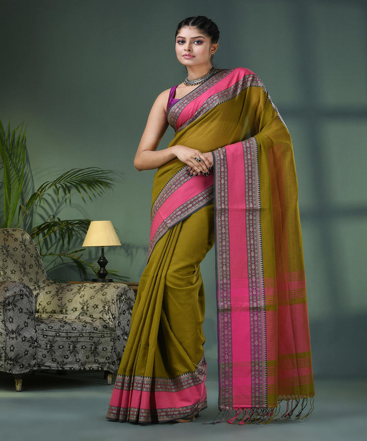 Moss green pink handloom bengal cotton saree