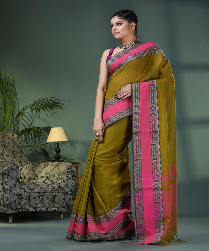 Moss green pink handloom bengal cotton saree