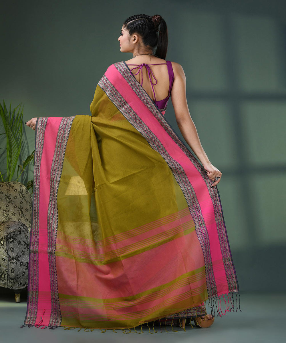 Moss green pink handloom bengal cotton saree