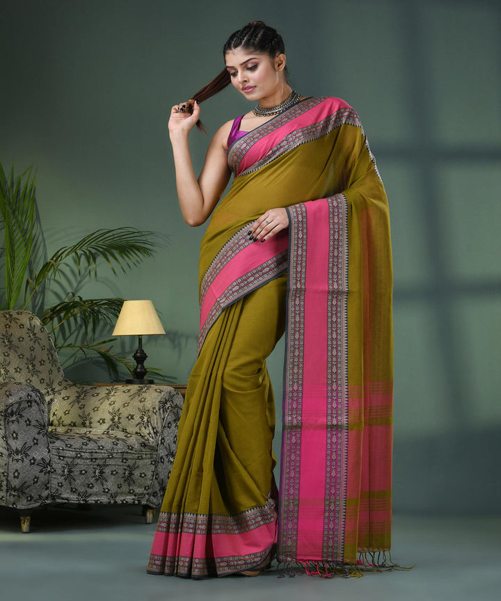 Moss green pink handloom bengal cotton saree