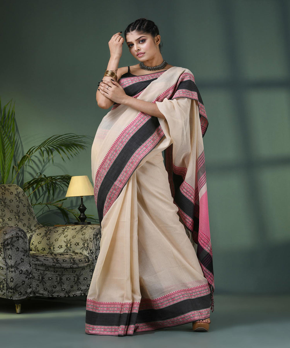 Cream handloom bengal cotton saree