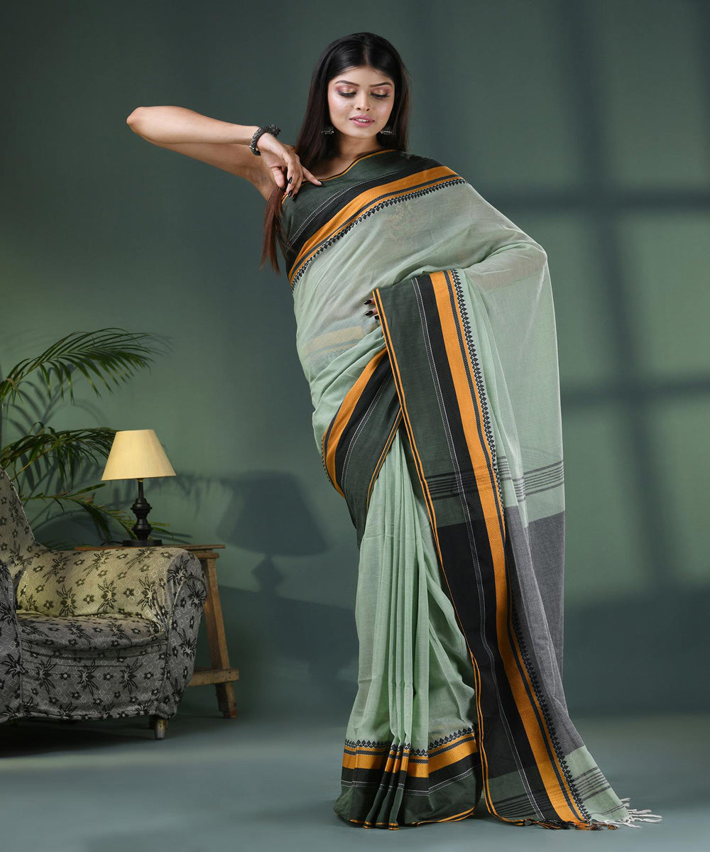 Sage green grey handloom bengal cotton saree