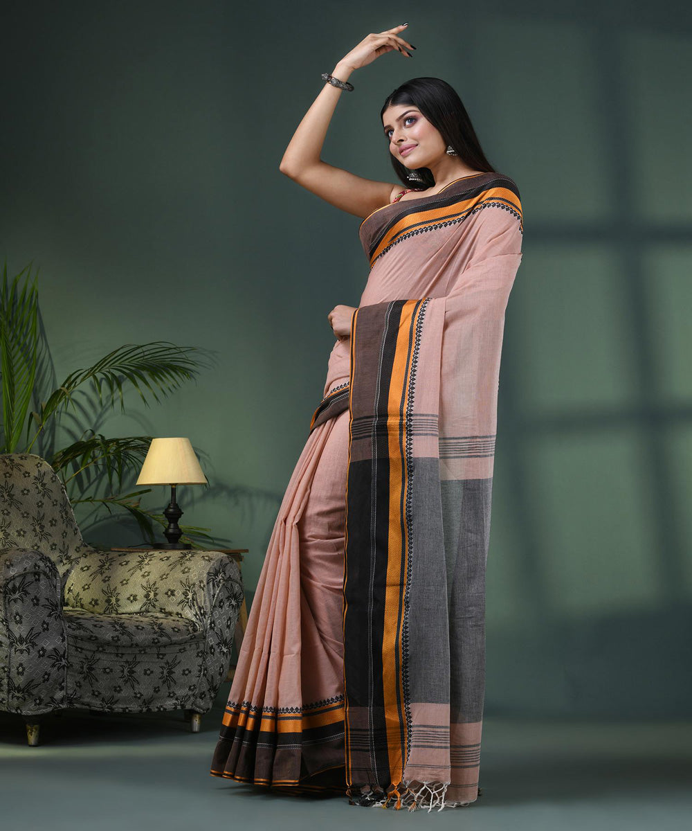 Peach black handloom bengal cotton saree