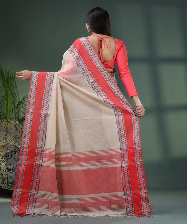 Cream red handloom bengal cotton saree