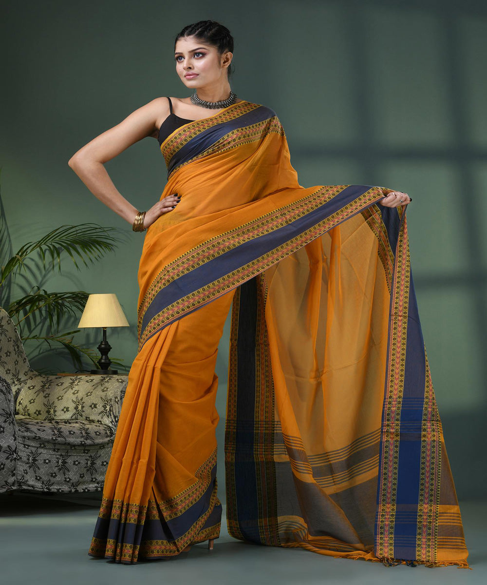 Mustard black handloom bengal cotton saree