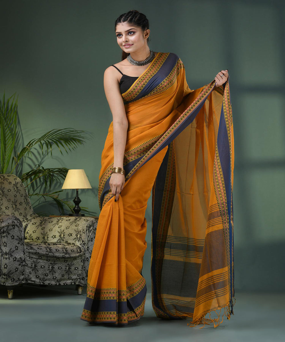 Mustard black handloom bengal cotton saree