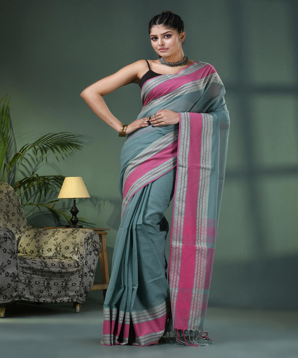 Jengle green pink handloom bengal cotton saree