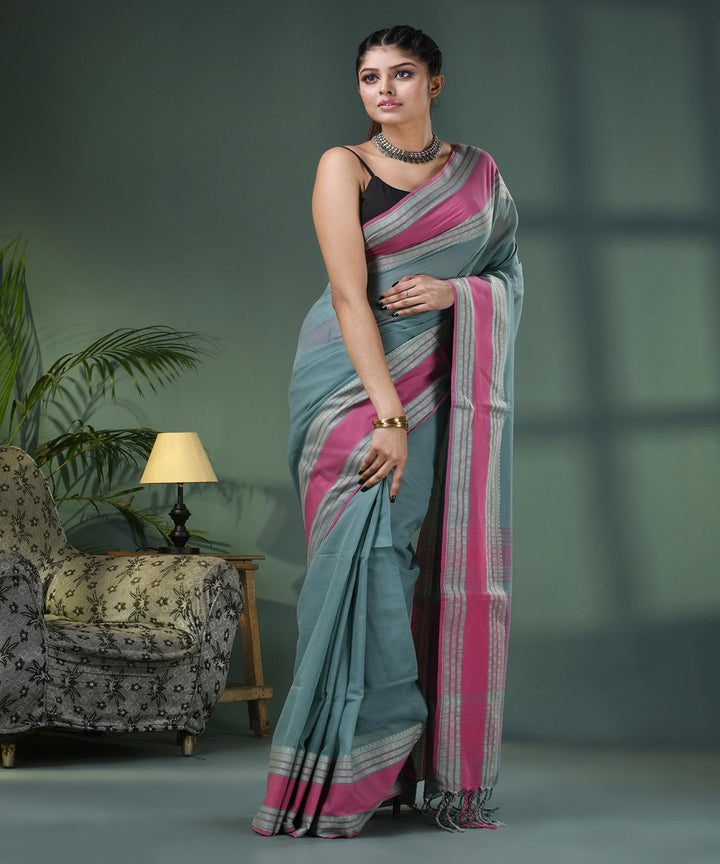 Jengle green pink handloom bengal cotton saree