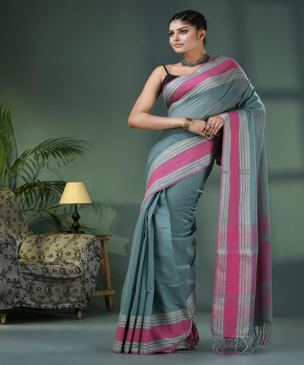 Jengle green pink handloom bengal cotton saree