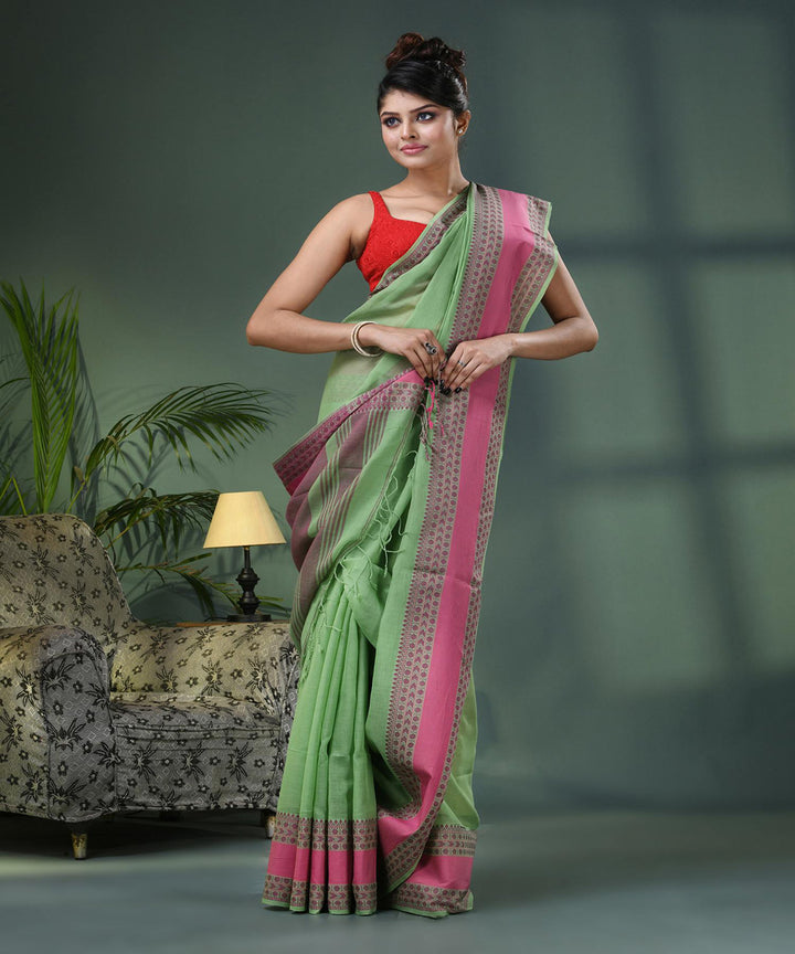 Russian green pink handloom bengal cotton saree