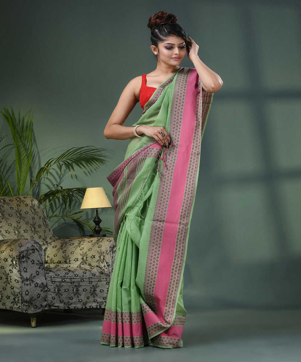 Russian green pink handloom bengal cotton saree