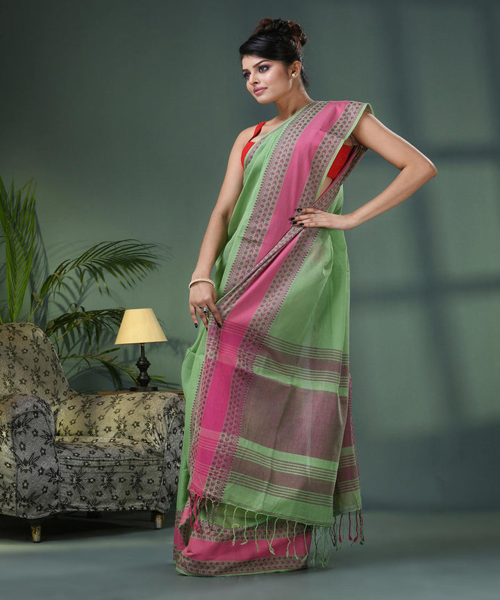 Russian green pink handloom bengal cotton saree