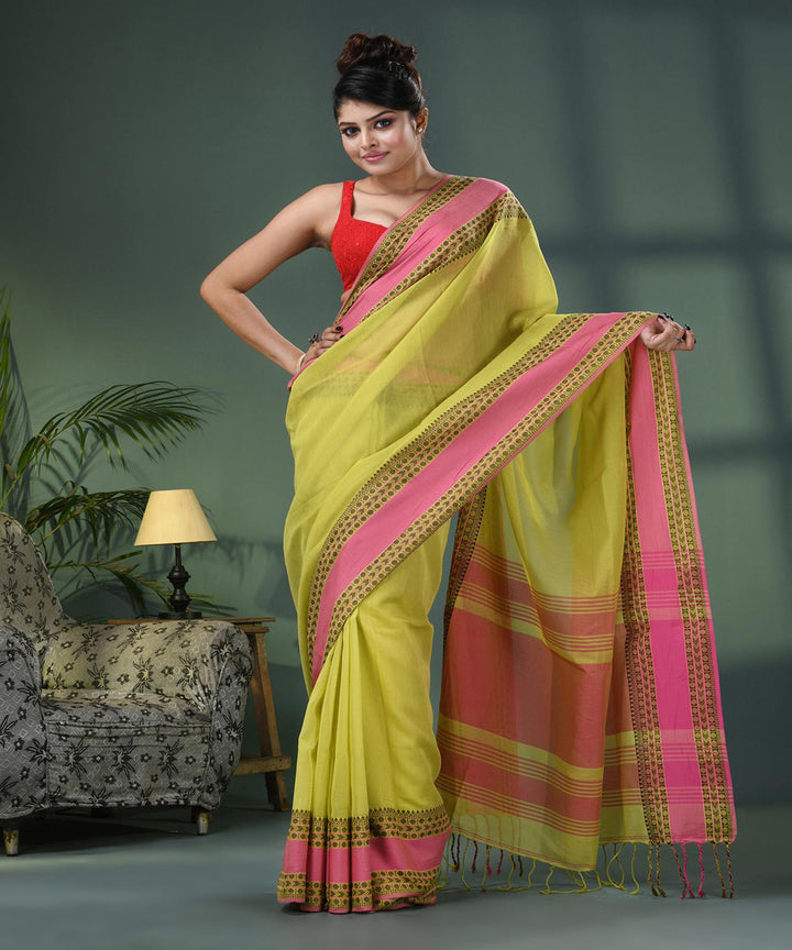 Lemon pink handloom bengal cotton saree