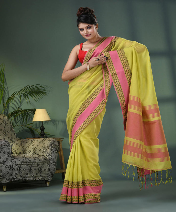 Lemon pink handloom bengal cotton saree