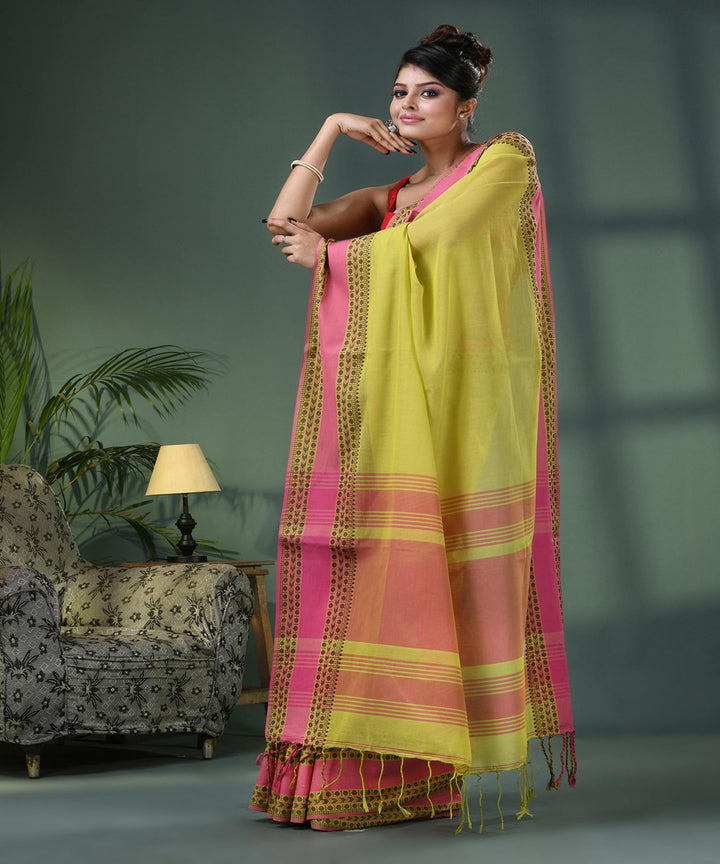 Lemon pink handloom bengal cotton saree