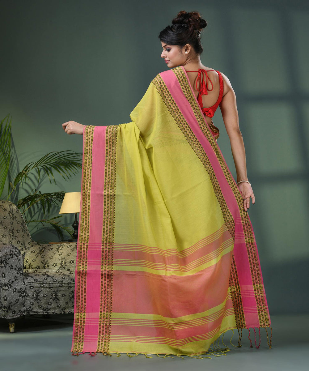 Lemon pink handloom bengal cotton saree