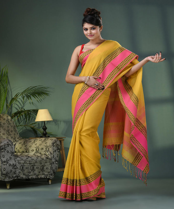 Corn yellow pink handloom bengal cotton saree