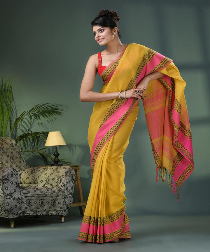 Corn yellow pink handloom bengal cotton saree