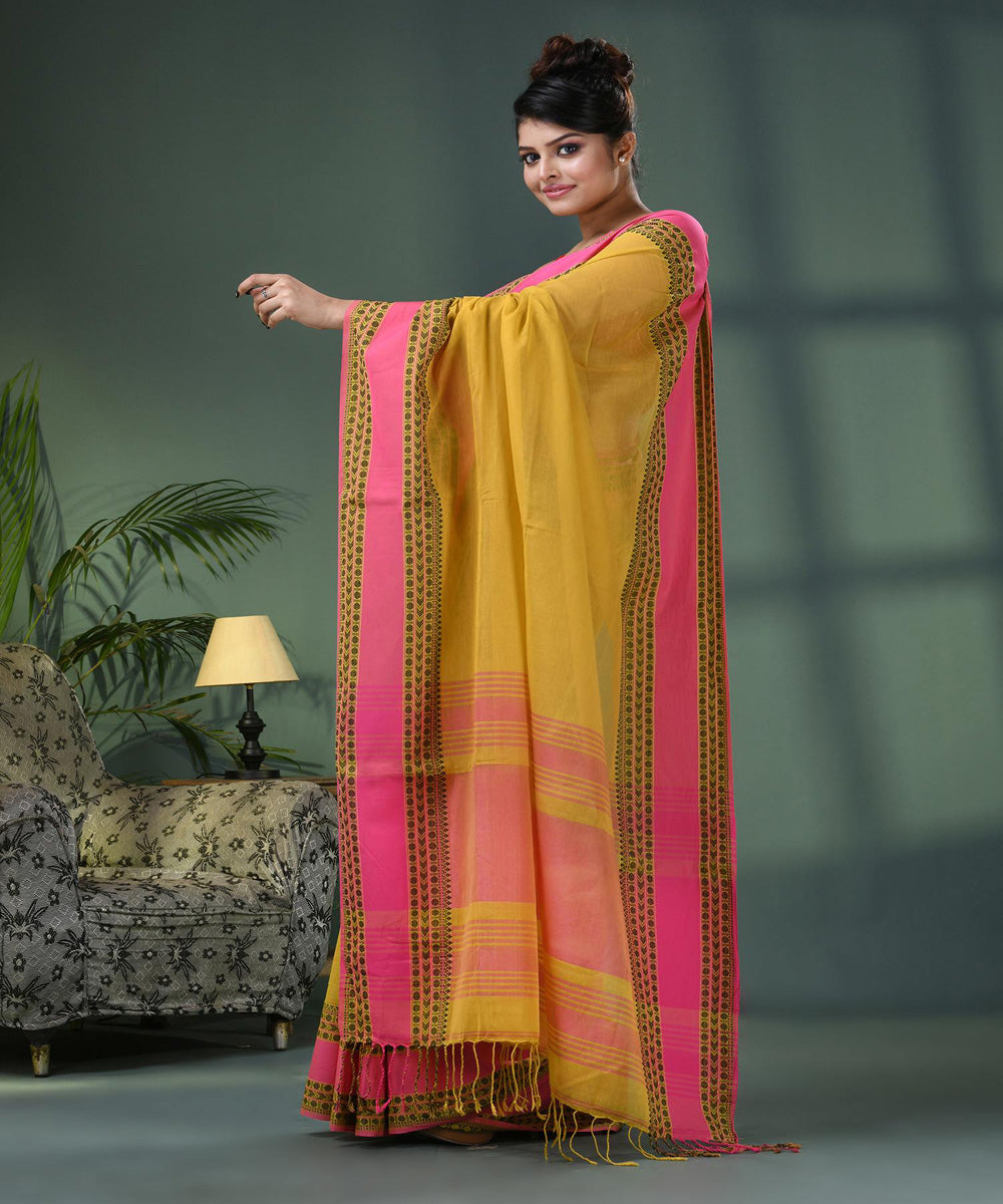 Corn yellow pink handloom bengal cotton saree