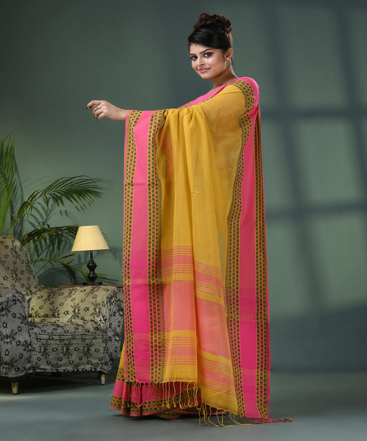 Corn yellow pink handloom bengal cotton saree