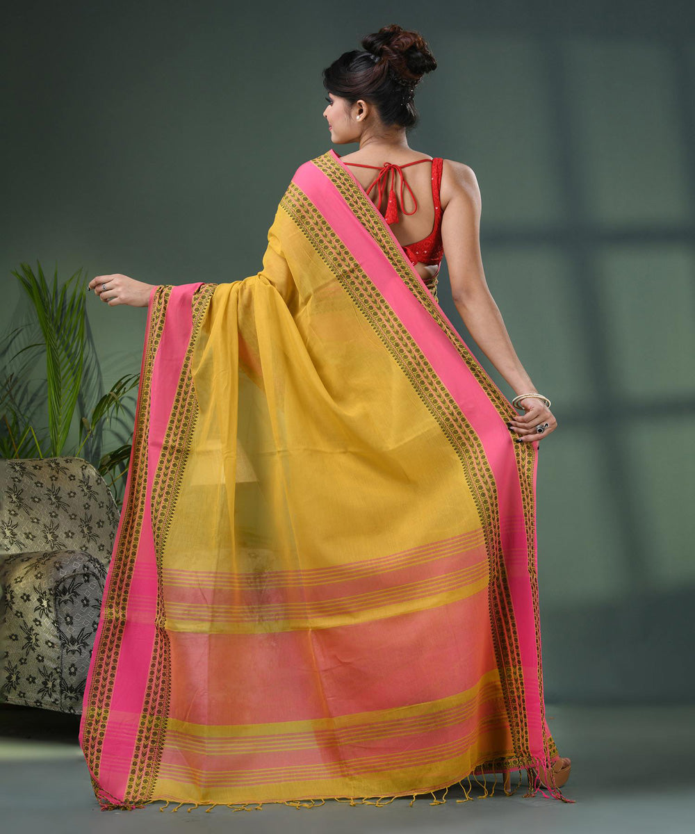 Corn yellow pink handloom bengal cotton saree